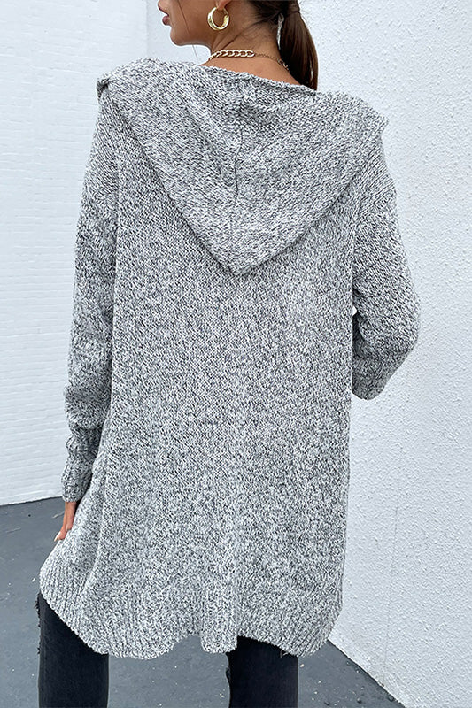 Long Gray Knit Dual Pocket Hooded Cardigan with front button