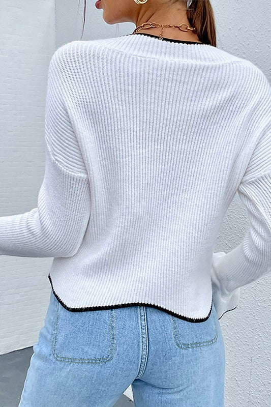 White Solid Drop Shoulder V-neck Sweater and Bell Sleeves