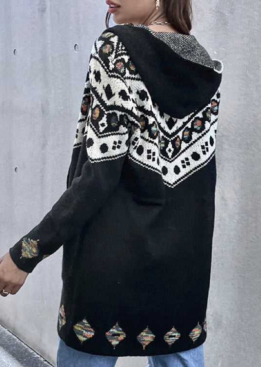 Black Geo Pattern HoodedOpen Front Cardigan with belt
