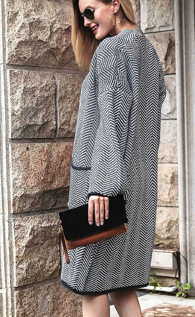 Frenchy Herringbone Pattern Drop Shoulder Pocket Open Front Cardigan