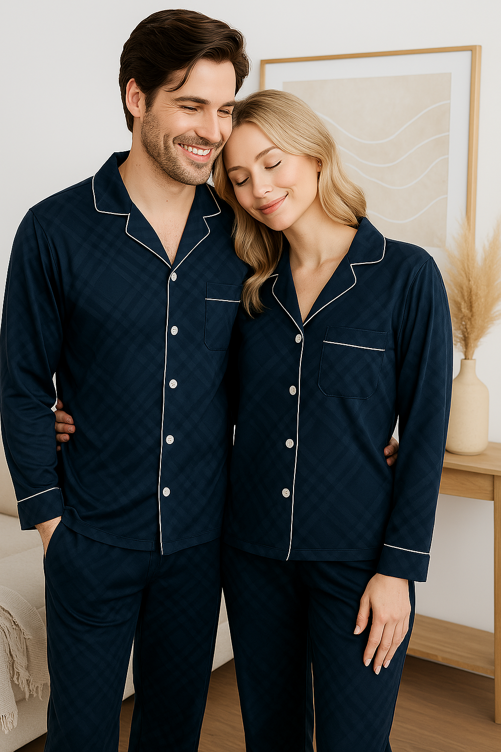 Dark Blue Squared Button Front Long Sleeves Pajama Set
