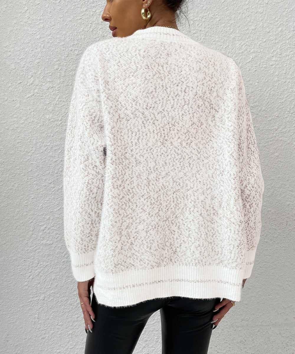 Warm White Frenchy Marled Knit Drop Shoulder Botton Front Cardigan