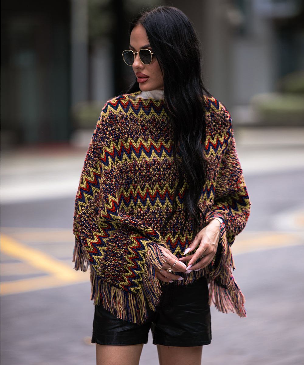 Red Fringe Trim Batwing Sleeve Asymmetrical Hem Poncho Sweater