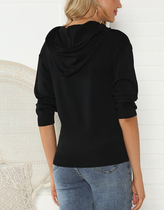 Black Kangaroo Pocket Drop Shoulder Drawstring Thermal Hoodie