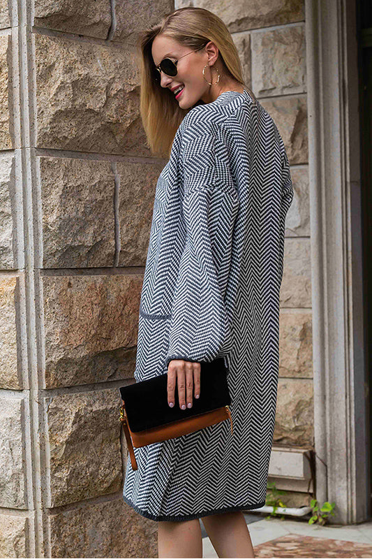 navy blue Frenchy Herringbone Pattern Drop Shoulder Pocket Open Front Cardigan