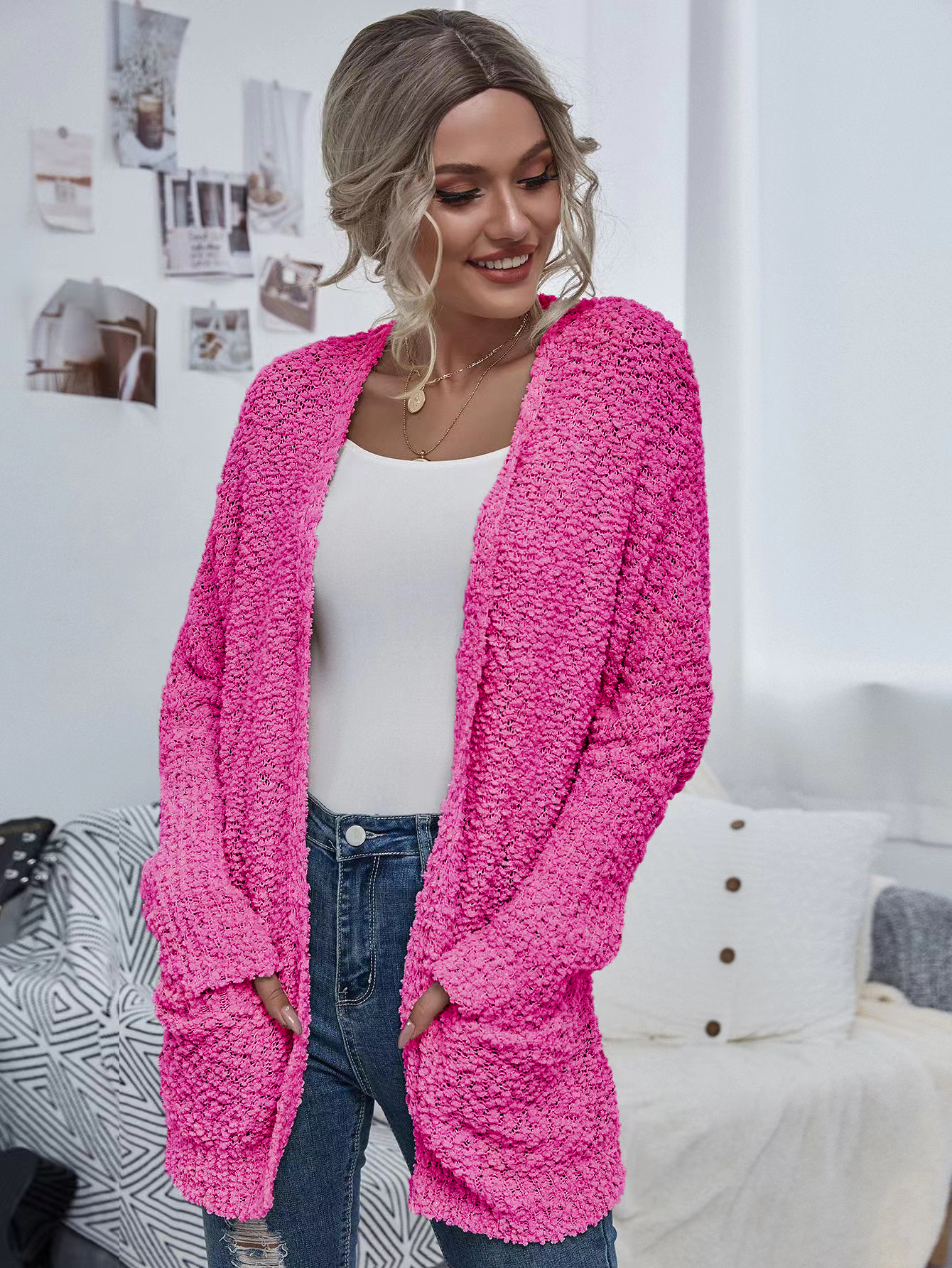 Hot Pink Chunky Knit Open Cardigan With Pockets