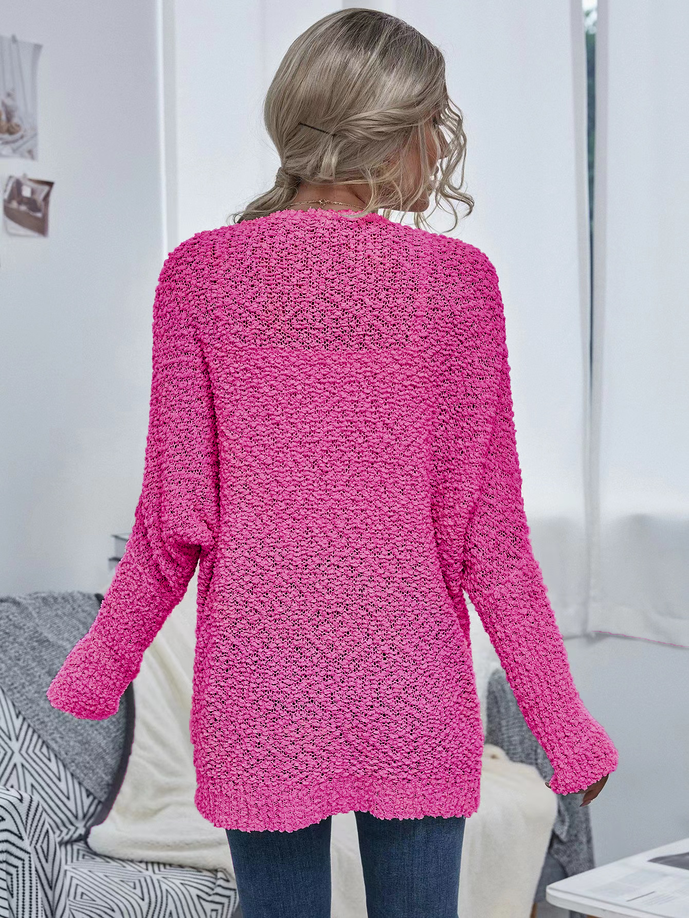 Hot Pink Chunky Knit Open Cardigan With Pockets