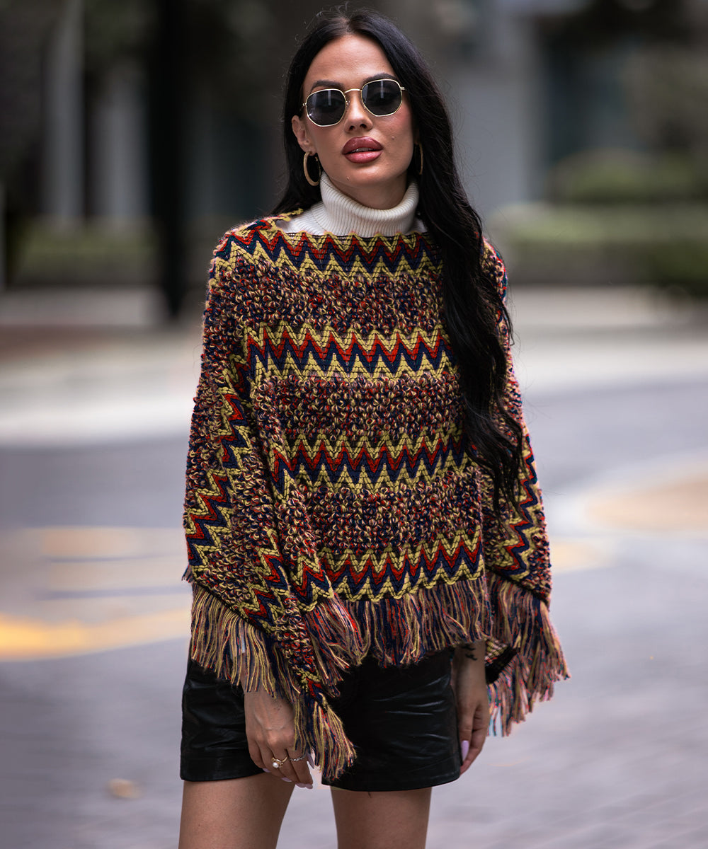 Red Fringe Trim Batwing Sleeve Asymmetrical Hem Poncho Sweater