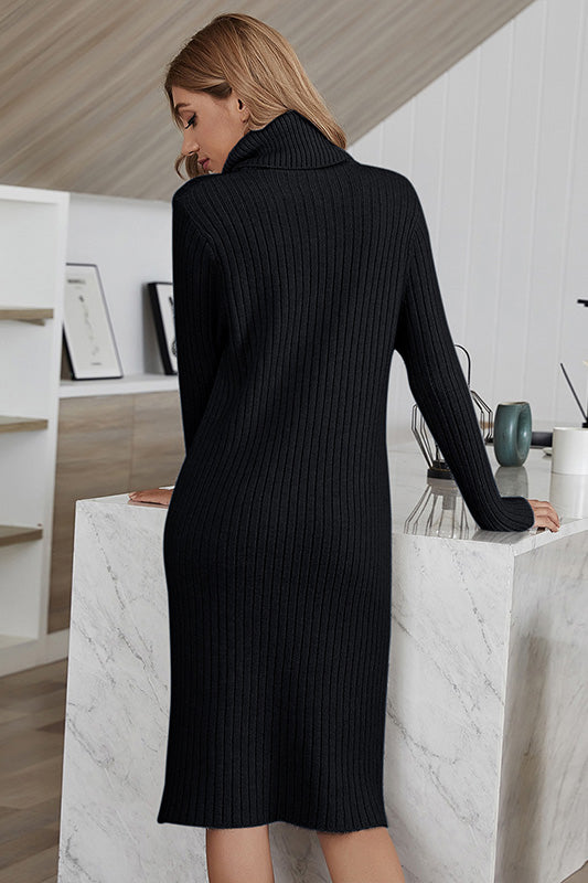 Black Modely Solid Turtleneck Bodycon Sweater Dress