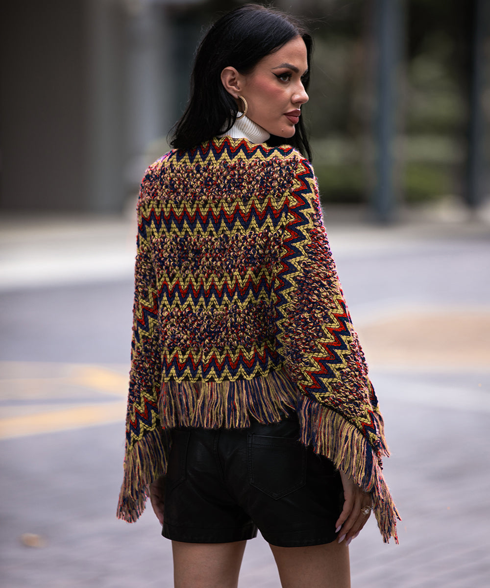 Red Fringe Trim Batwing Sleeve Asymmetrical Hem Poncho Sweater