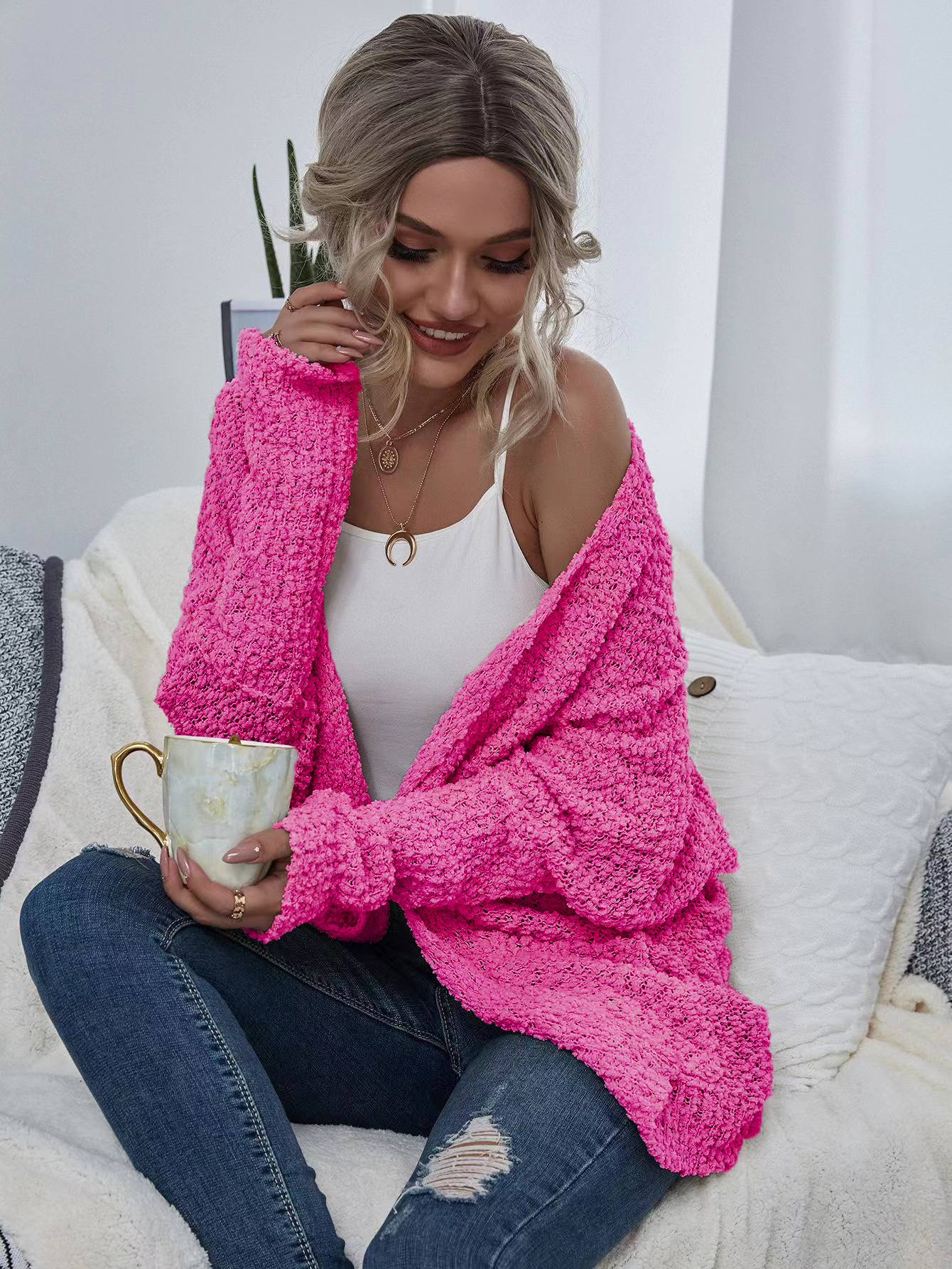Hot Pink Chunky Knit Open Cardigan With Pockets