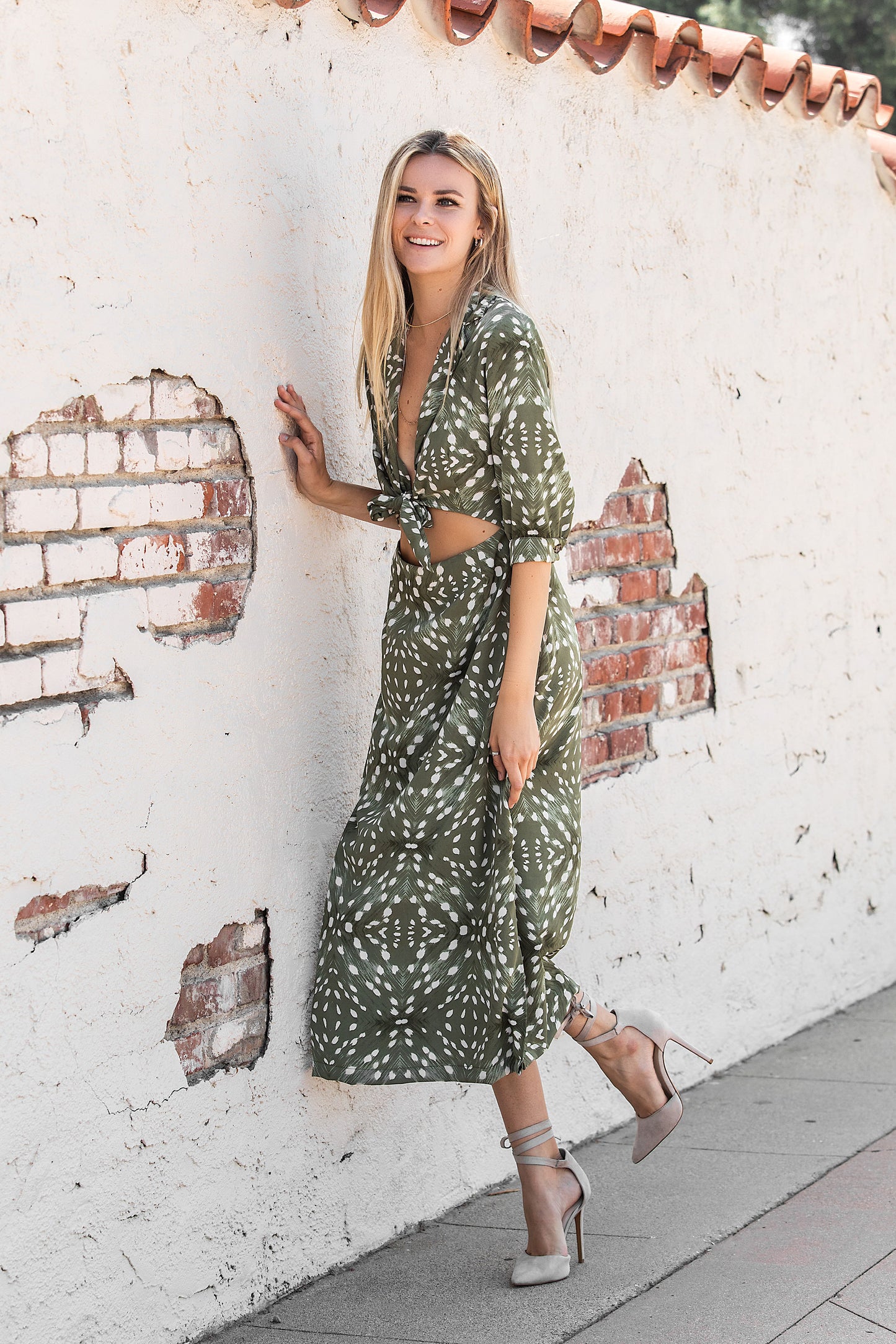 Tie Front Dip Hem Flowy Polka Dot Slip Midi Dress