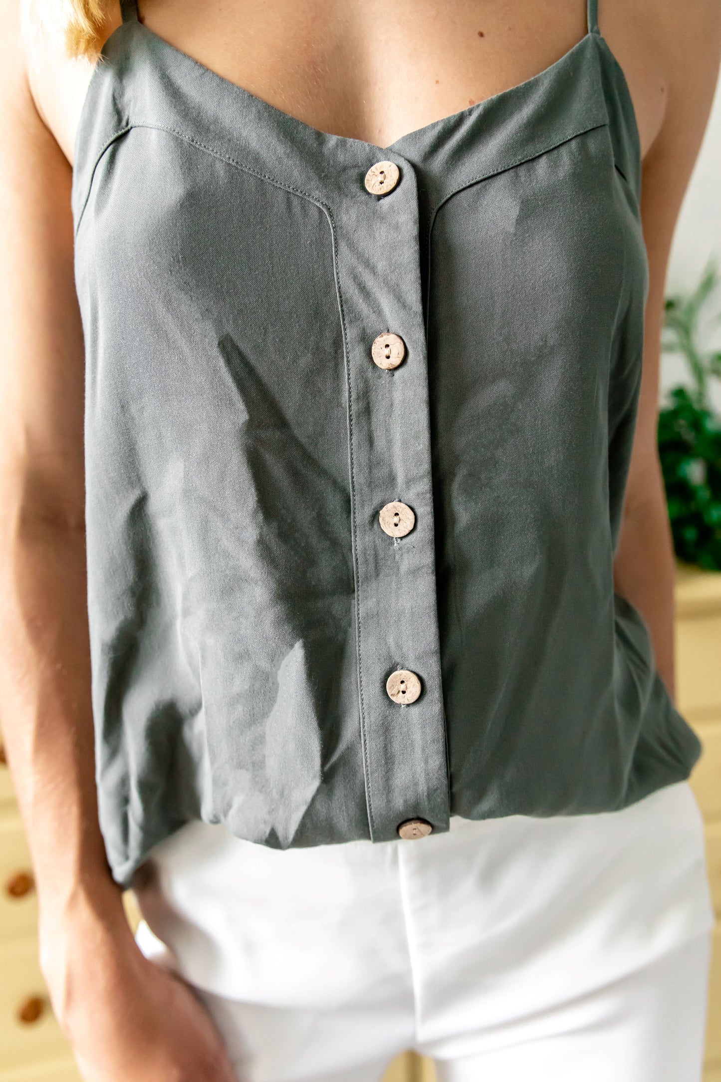 Green Peony Button-Up Tank