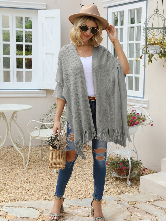 grey Fringe Hem Batwing Sleeve Cardigan