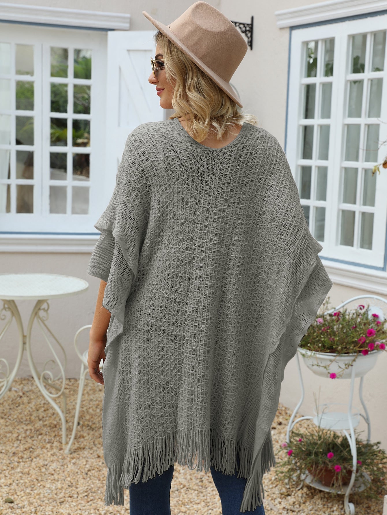 grey Fringe Hem Batwing Sleeve Cardigan