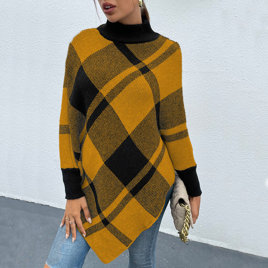 Yellow Mock Neck Plaid Knit Poncho