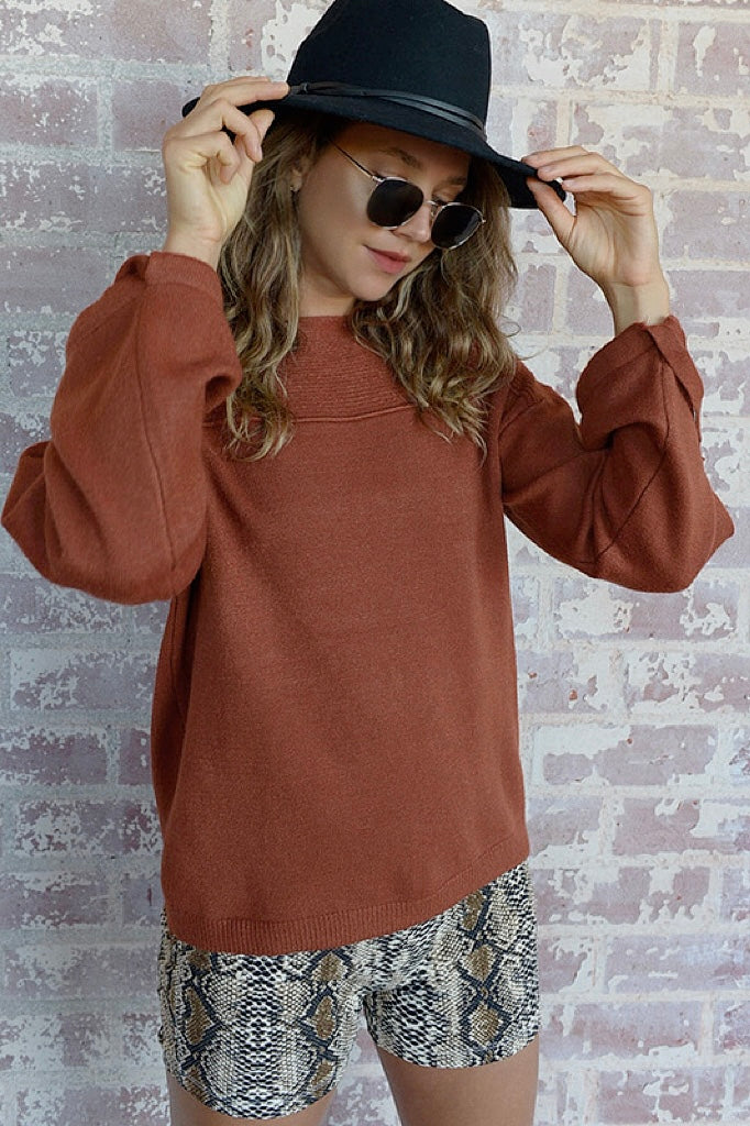 Rust Brown Solid Drop Shoulder Sweater