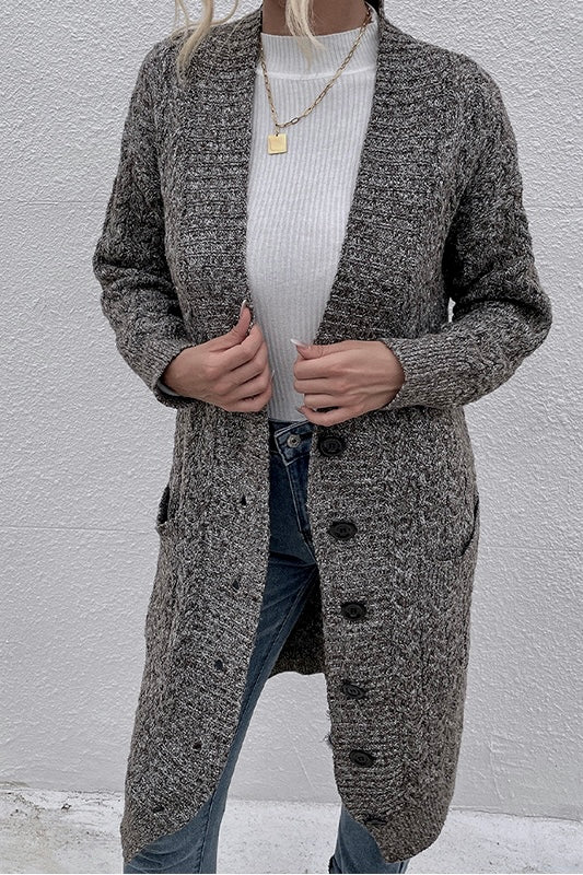 Dark Gray Dual Pocket Drop Shoulder Button Front Cardigan