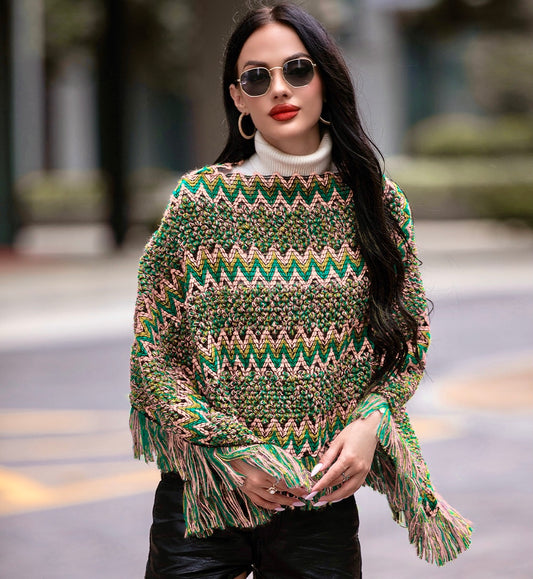 Green Fringe Trim Batwing Sleeve Asymmetrical Hem Poncho Sweater