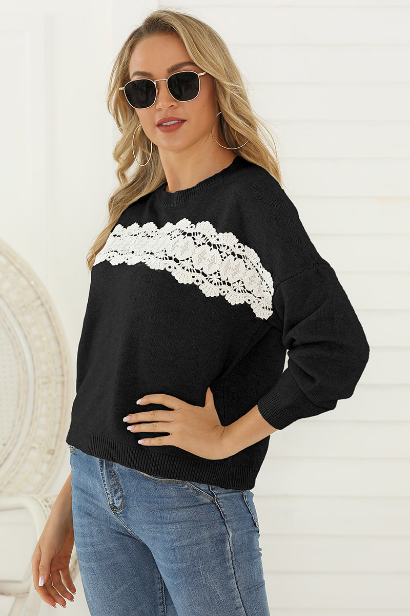 Black front lace detail drop shoulder sweater