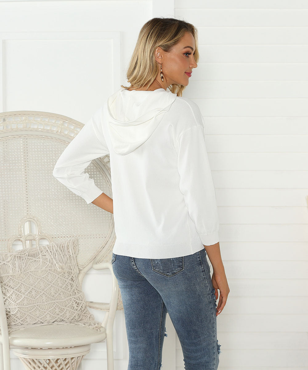 White Kangaroo Pocket Drop Shoulder Drawstring Thermal Hoodie