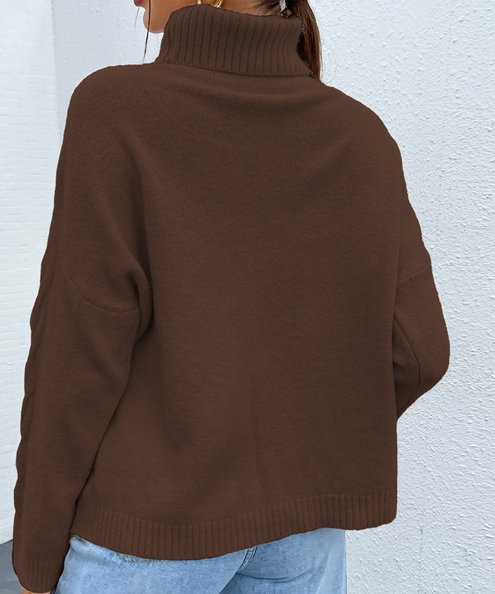 Brown Turtleneck Drop Shoulder Sweater