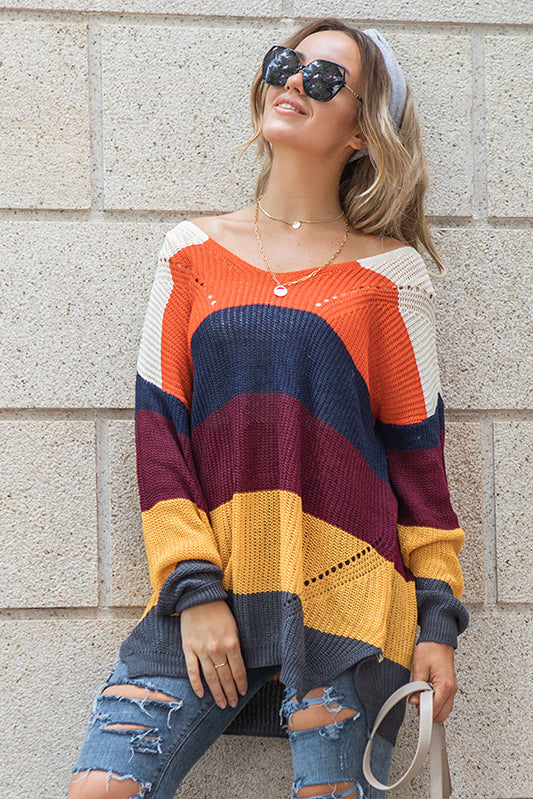 Color Striped Knit Stitching off-shoulder