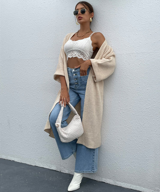 Solid color drop shoulder knit cardigan