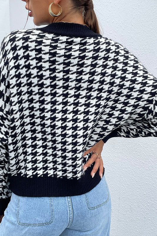 Houndstooth Pattern Drop Shoulder Sweater