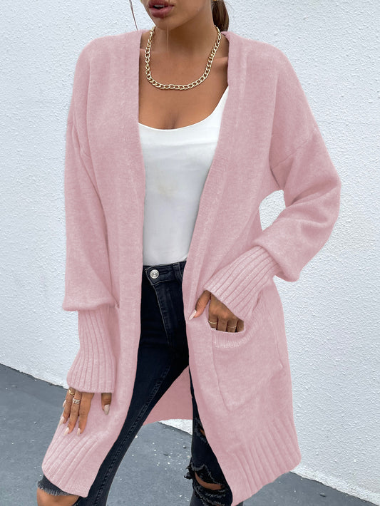 Dusty Pink Warm Lantern Sleeve Drop Shoulder Duster Cardigan