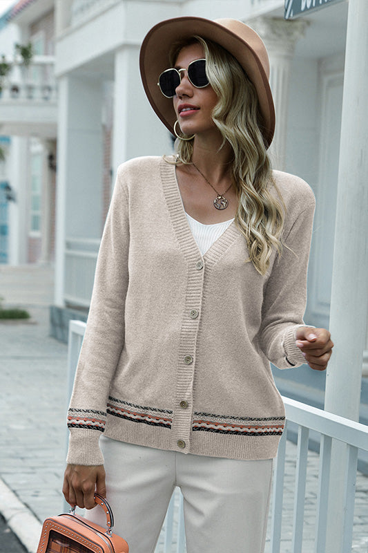 Apricot Striped Pattern Drop Shoulder Cardigan and front Botton