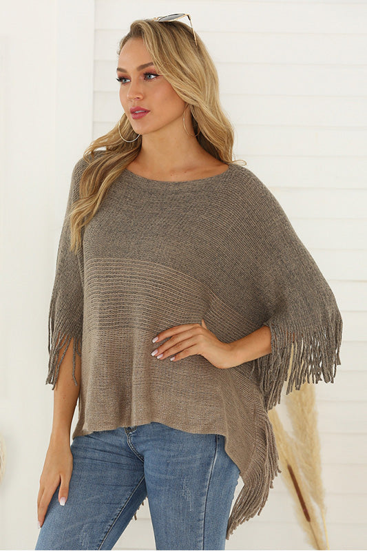 Knit Fringe Trim Batwing Sleeve Knit Poncho