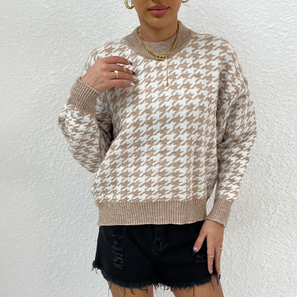 Khaki Houndstooth Pattern Drop Shoulder Sweater