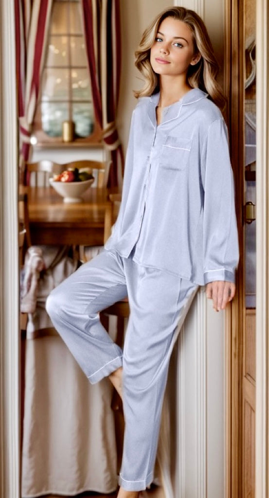 Lake Blue Luxury Satin Long Pajama Set