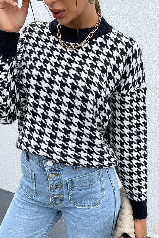 Houndstooth Pattern Drop Shoulder Sweater