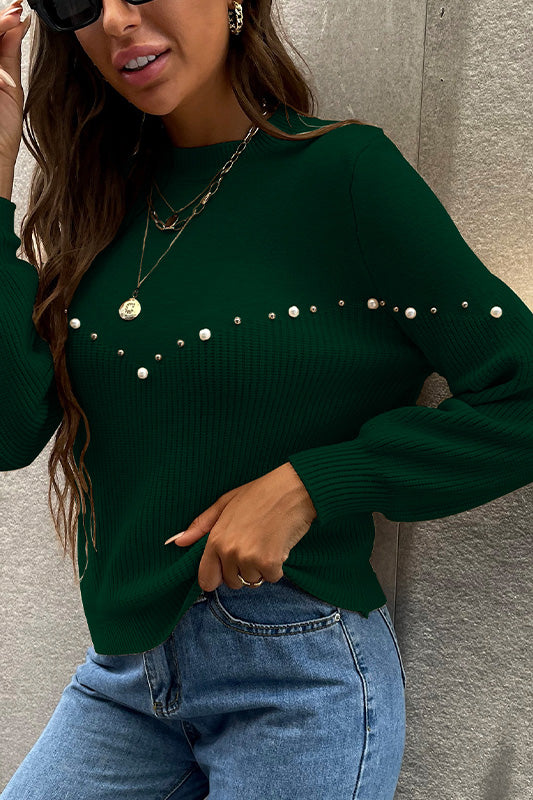 Green Essence Pearls Beaded Sweater