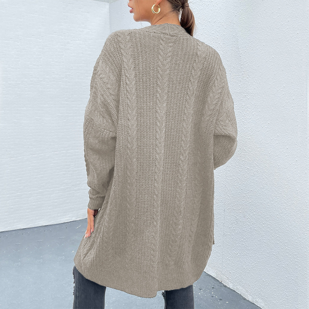 long Solid color drop shoulder cable knit cardigan