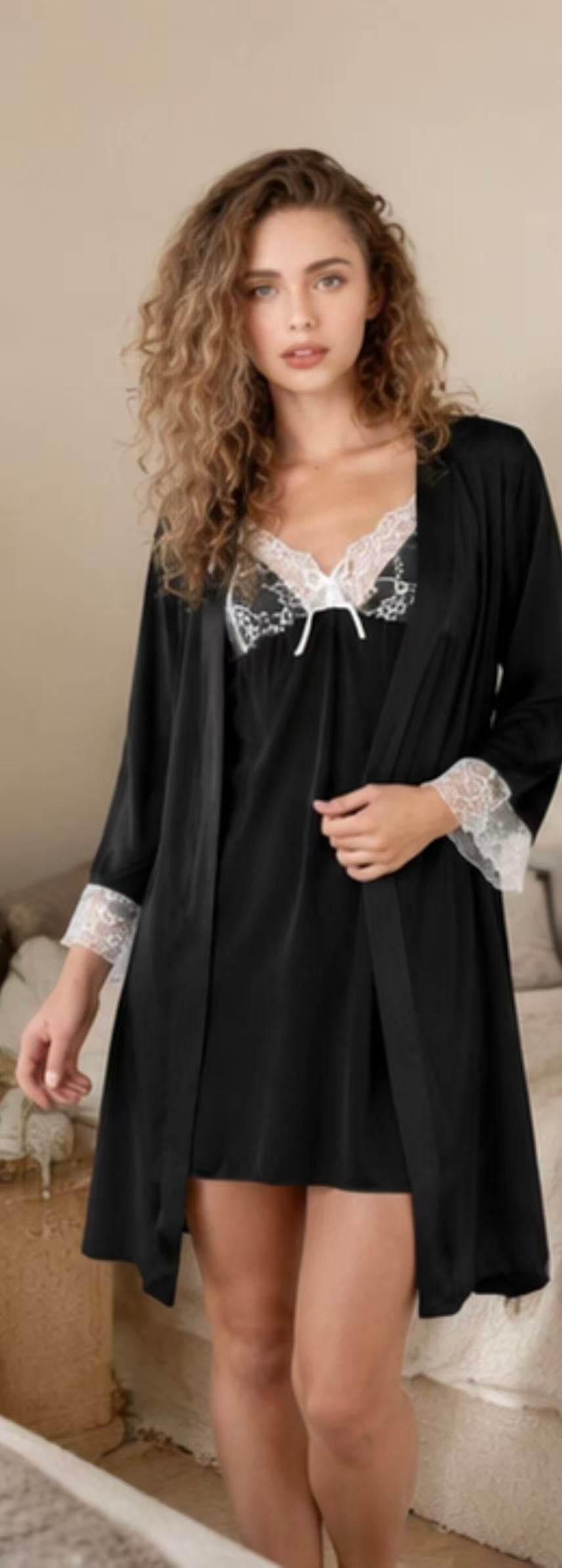 2 pieces Iced Black with lace High-End Silk Robe and nightgown sets