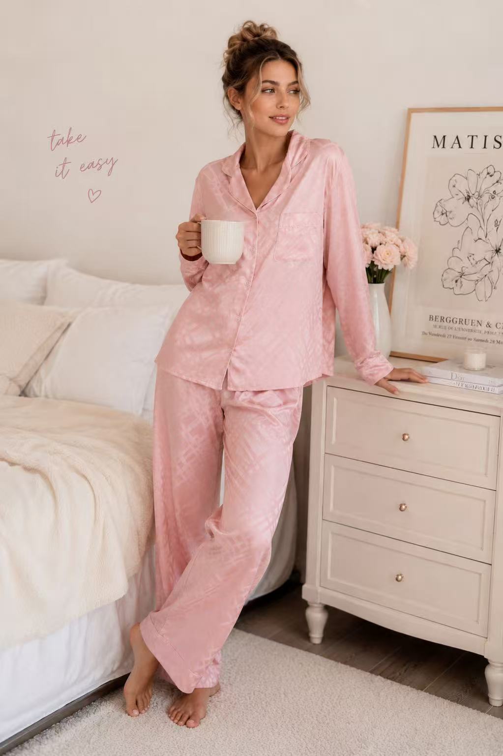 Pink Squared Button Front Long Sleeves Pajama Set