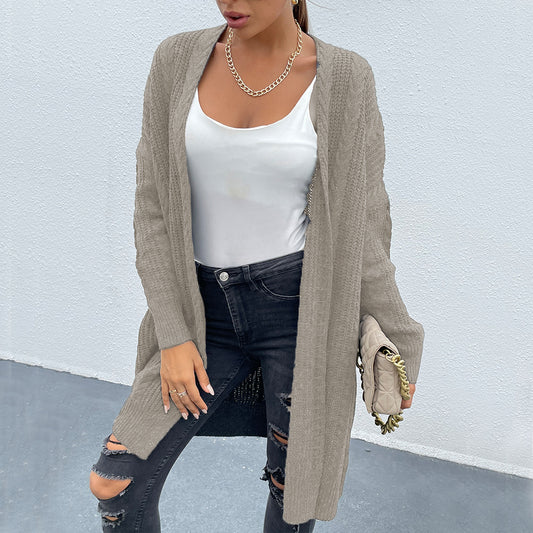 long Solid color drop shoulder cable knit cardigan