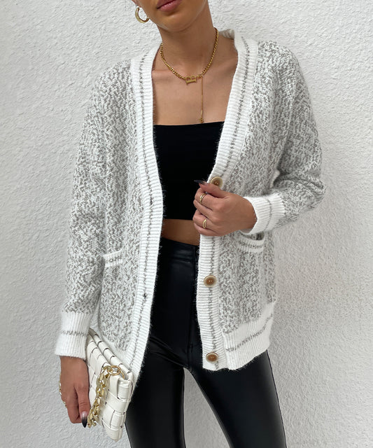 White and Gray Frenchy Marled Knit Drop Shoulder Botton Front Cardigan