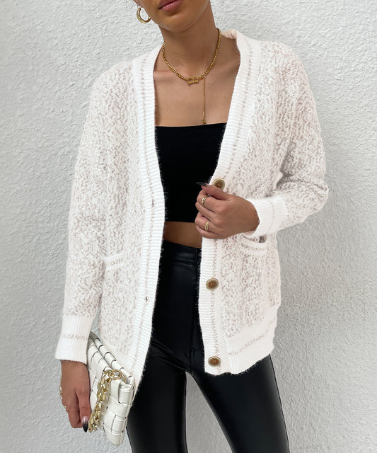 Warm White Frenchy Marled Knit Drop Shoulder Botton Front Cardigan