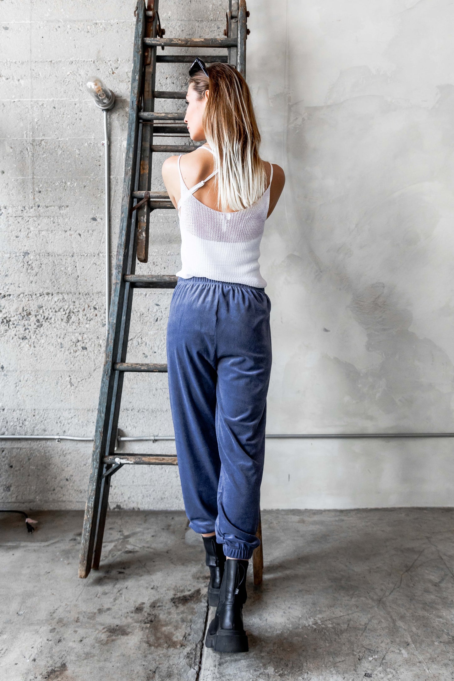 Blue Velour Joggers with Logo Embroidery