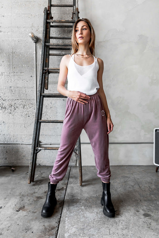 Pink Velour Joggers with Logo Embroidery