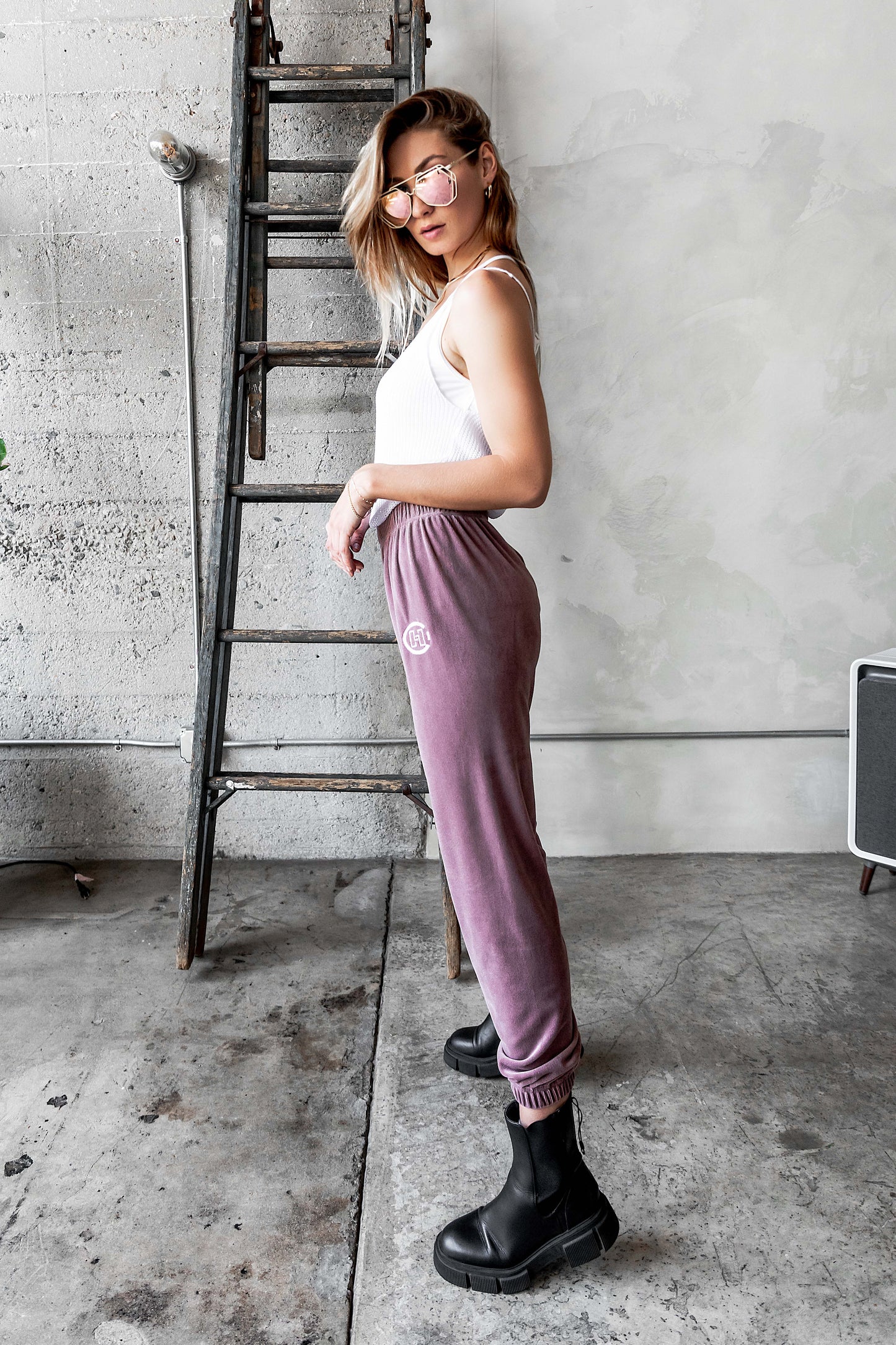 Pink Velour Joggers with Logo Embroidery