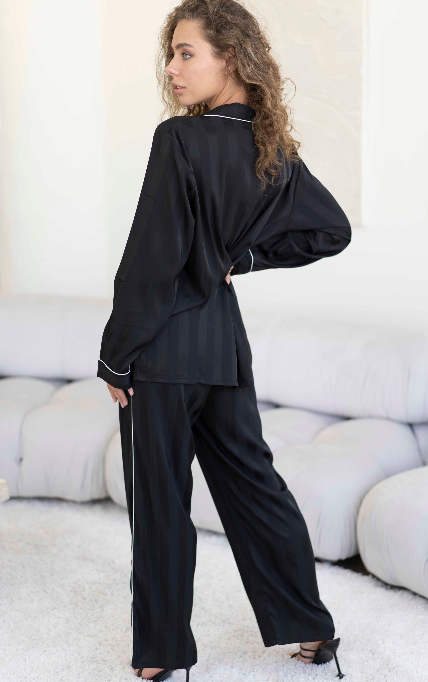 Black Striped Button Front Long Sleeves Pajama Set