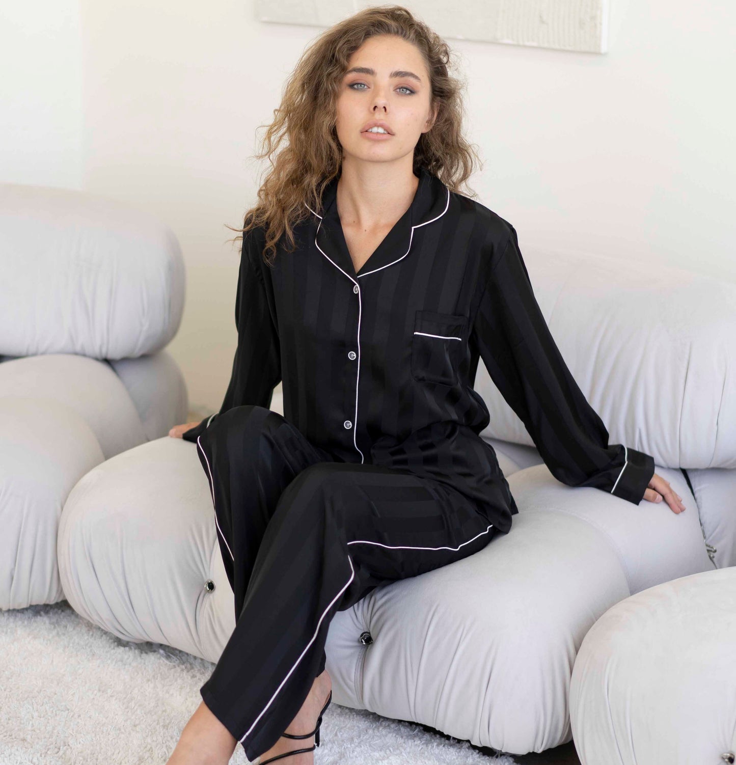 Black Striped Button Front Long Sleeves Pajama Set