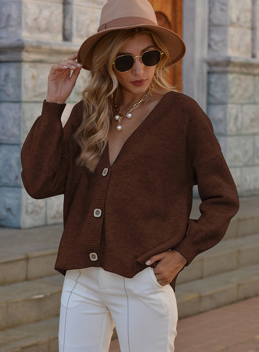 Chocolate Brown Button Up Drop Shoulder Cardigan