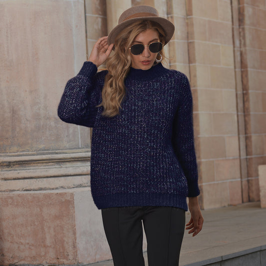 Navy Blue Frenchy Shine Mock Neck Drop Shoulder Sweater