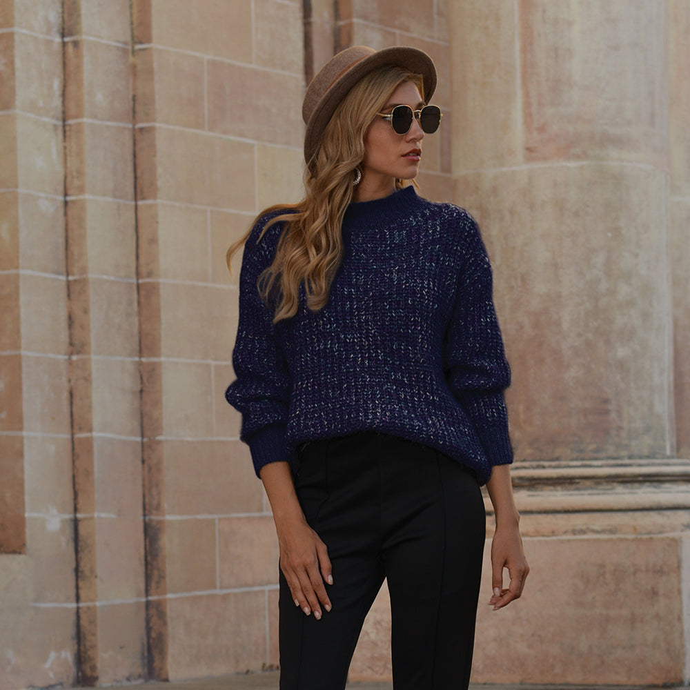 Navy Blue Frenchy Shine Mock Neck Drop Shoulder Sweater